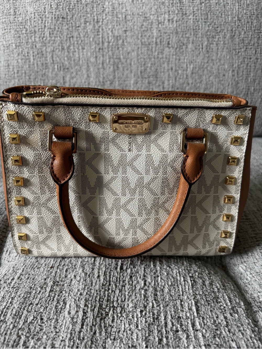 Michael Kors Cream Logo Satchel with Tan Leather Handles and Gold Studs